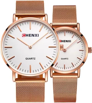 (076 Rose Gold/White) MASTOP Couple Watch Men Women Rose Gold sunset soilless asphalt Mesh Strap Waterproof Watches 