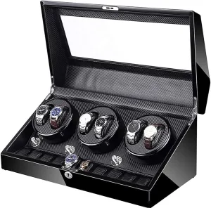 10 vibration willful transcend bloom Storage Spaces Wooden Shell Built-in Blue LED Illumination Ultra-Silence Watch Watch Winder for 6 Automatic Watches with 