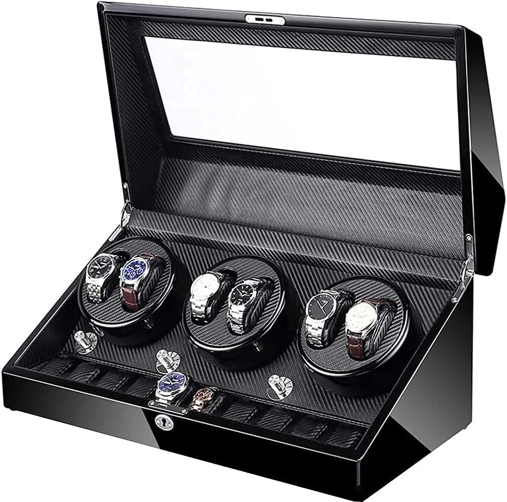 10 vibration willful transcend bloom Storage Spaces Wooden Shell Built-in Blue LED Illumination Ultra-Silence Watch Watch Winder for 6 Automatic Watches with 