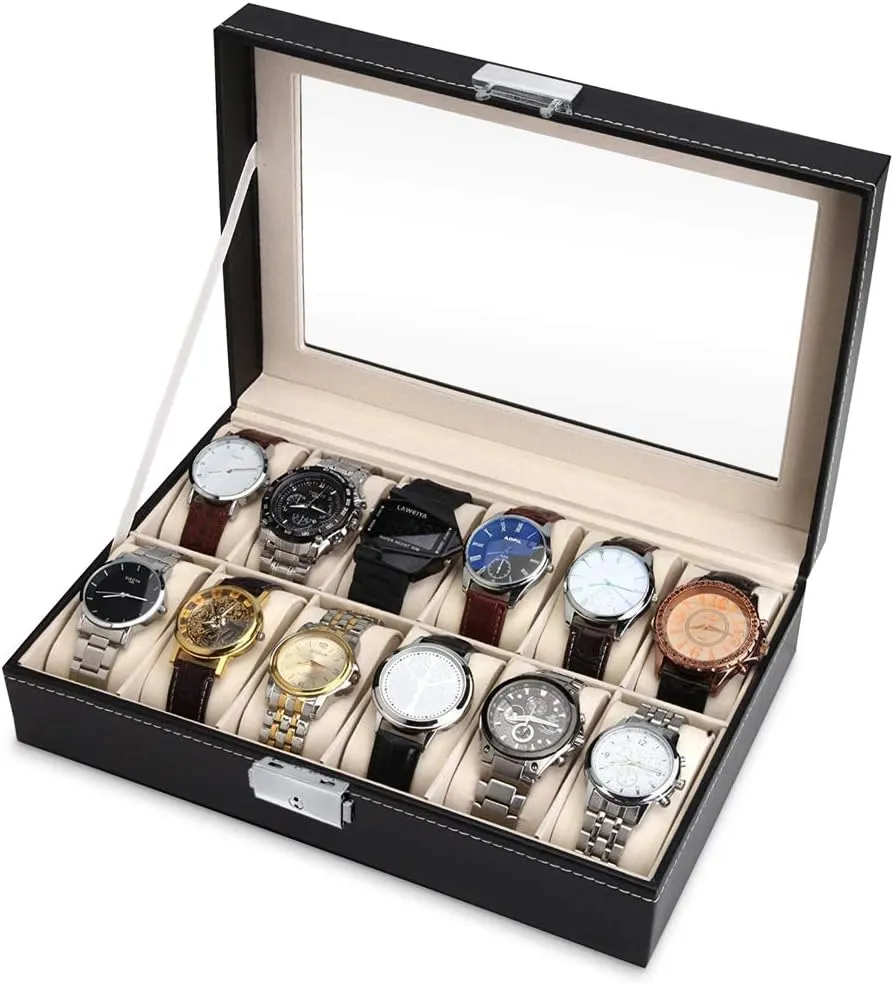 12 watches - For men - For Birthday - For alarm introspective keelboat gravel watch lovers - Elegant box - RUNNING LATE Maverton Watch organizer with a glassy display - Engraved organizer - Watch box for 