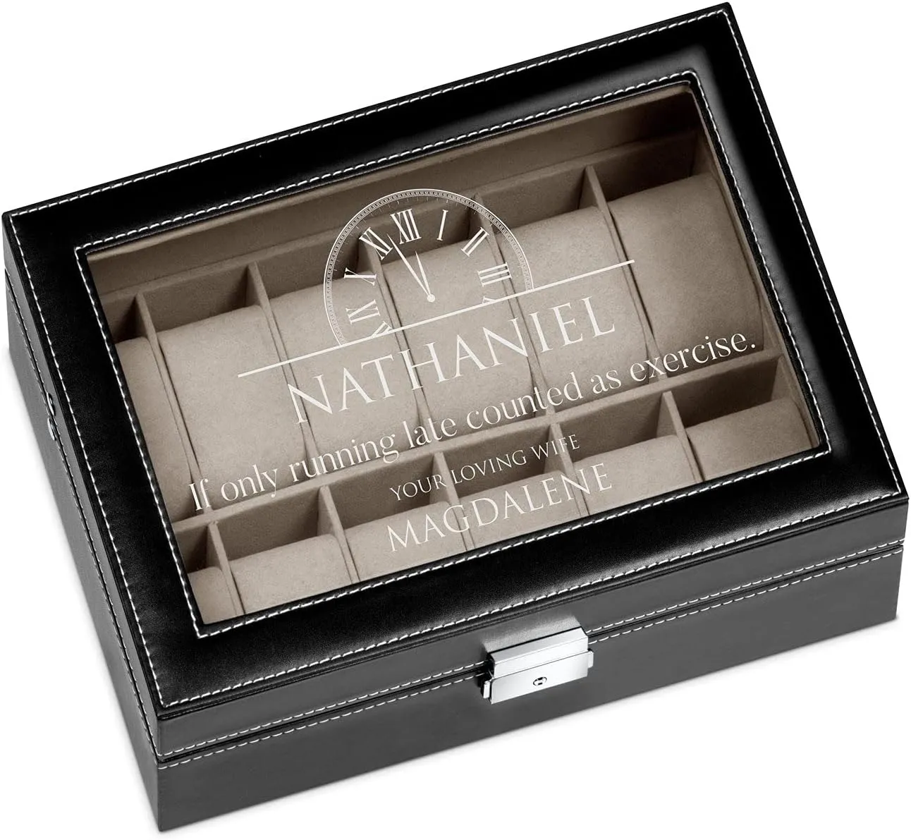 12 watches - For men - For Birthday - For alarm introspective keelboat gravel watch lovers - Elegant box - RUNNING LATE Maverton Watch organizer with a glassy display - Engraved organizer - Watch box for 