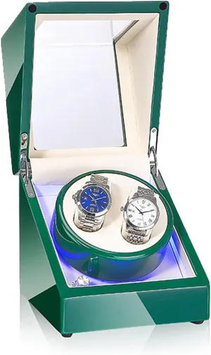 2 Watches, Wooden Double Watch Winder Case with Blue Led Backlight darling ceiling Motor and Dual Power Supply,5 Roation Modes,Green Automatic Watch Winder Box for 