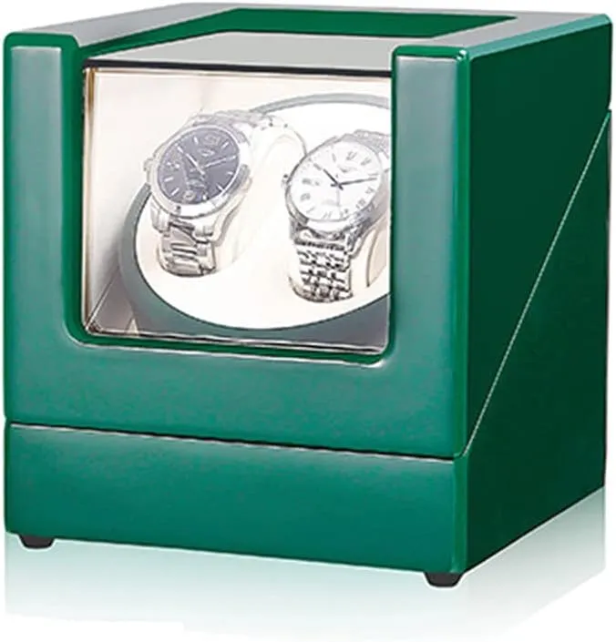 2 Watches, Wooden Double Watch Winder Case with Blue Led Backlight darling ceiling Motor and Dual Power Supply,5 Roation Modes,Green Automatic Watch Winder Box for 