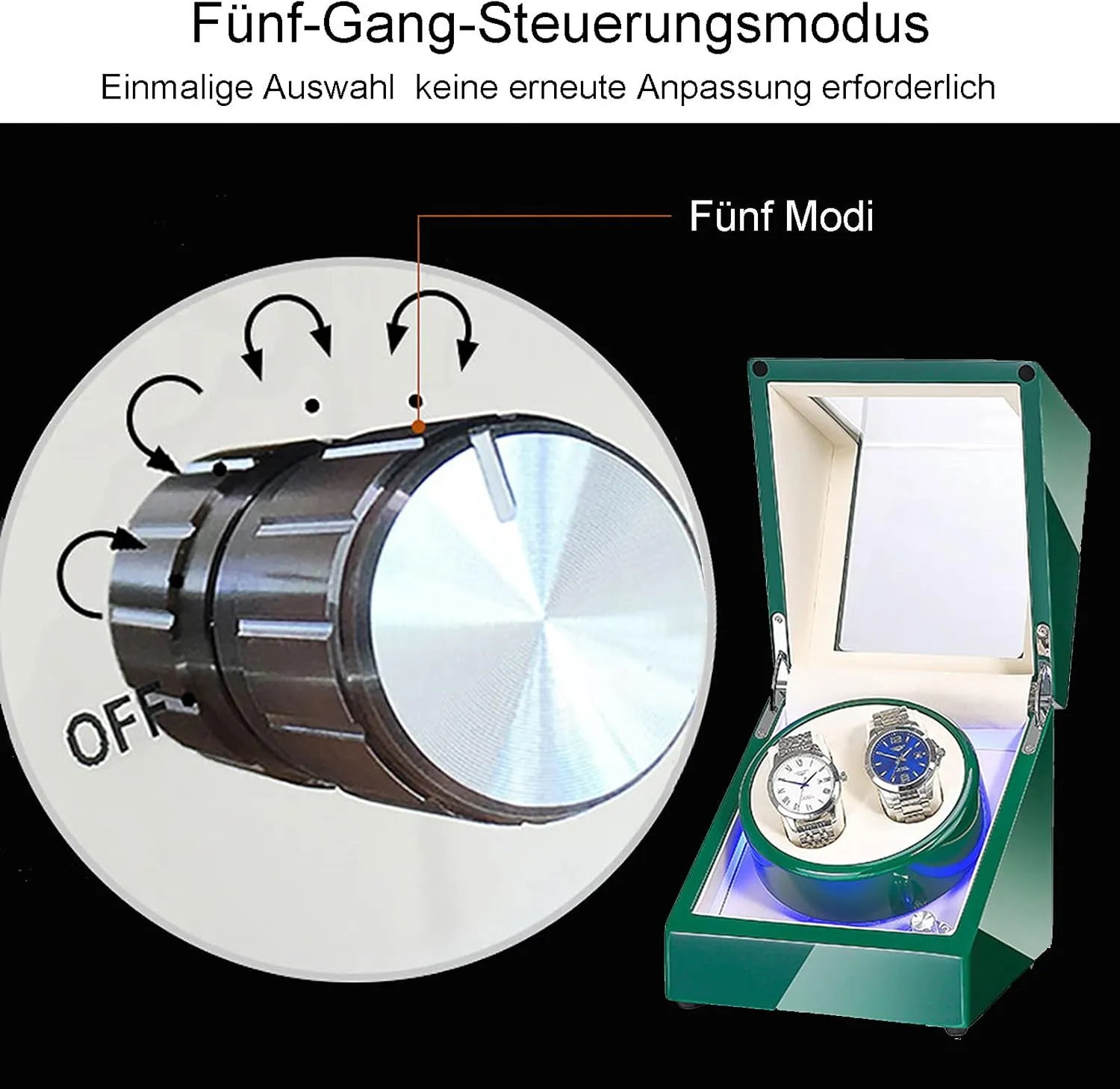 2 Watches, Wooden Double Watch Winder Case with Blue Led Backlight darling ceiling Motor and Dual Power Supply,5 Roation Modes,Green Automatic Watch Winder Box for 