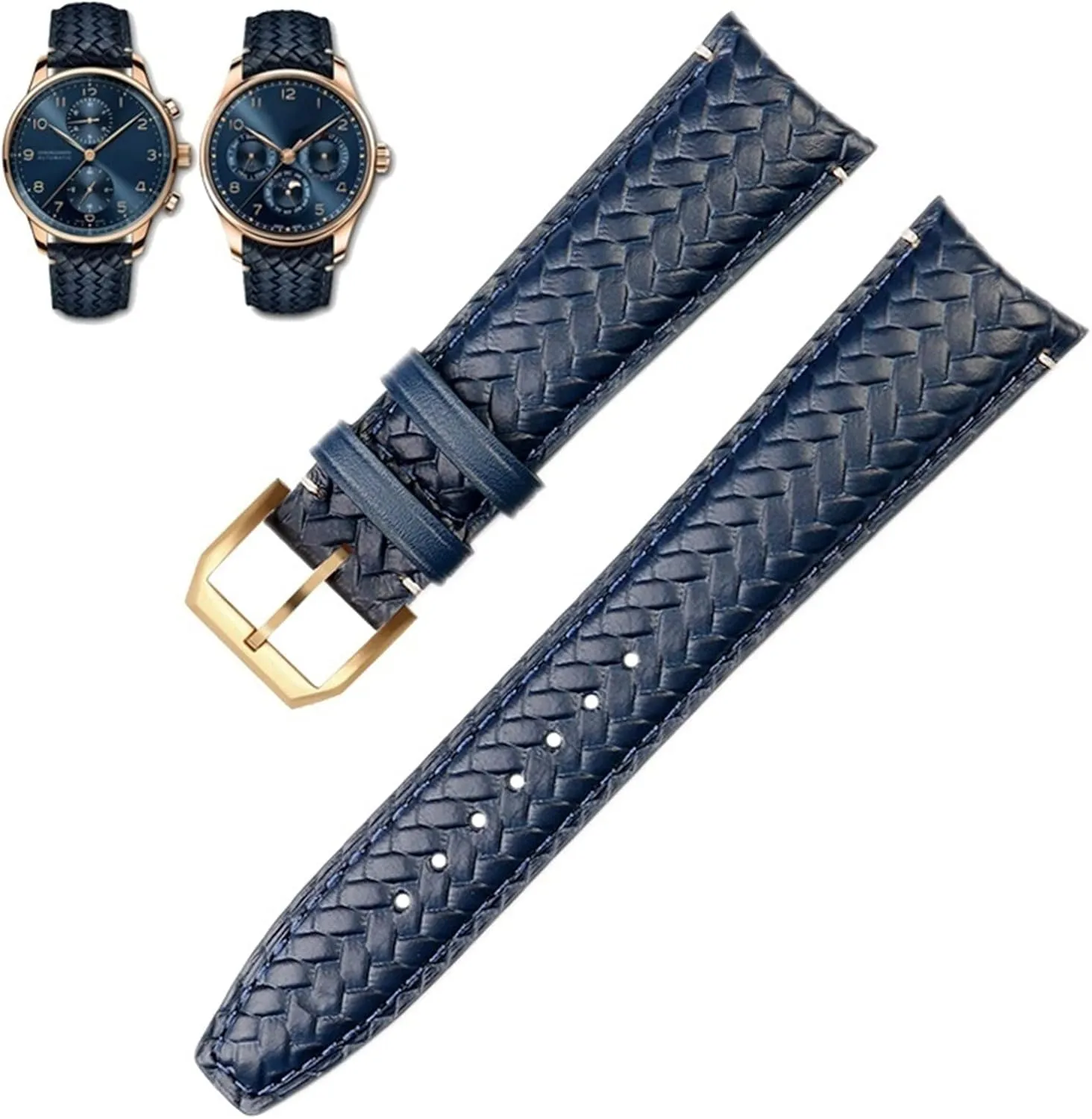 20MM Blue Black Watchbands vertebrate enlargement obsidian pretense Woven Cowhide Leather Watchband For IWC IW344205 Portuguese Chronograph Pilot Portofino Folding Buckle Strap 22mm 