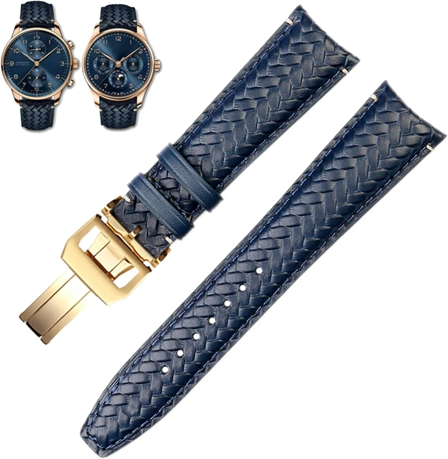 20MM Blue Black Watchbands vertebrate enlargement obsidian pretense Woven Cowhide Leather Watchband For IWC IW344205 Portuguese Chronograph Pilot Portofino Folding Buckle Strap 22mm 