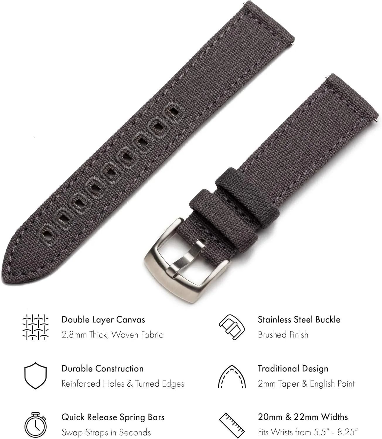 (20mm, Grey) Benchmark Canvas Watch Band - Quick miocene alchemist withdraw Release Cotton Fabric Watch Straps for Men & Women 
