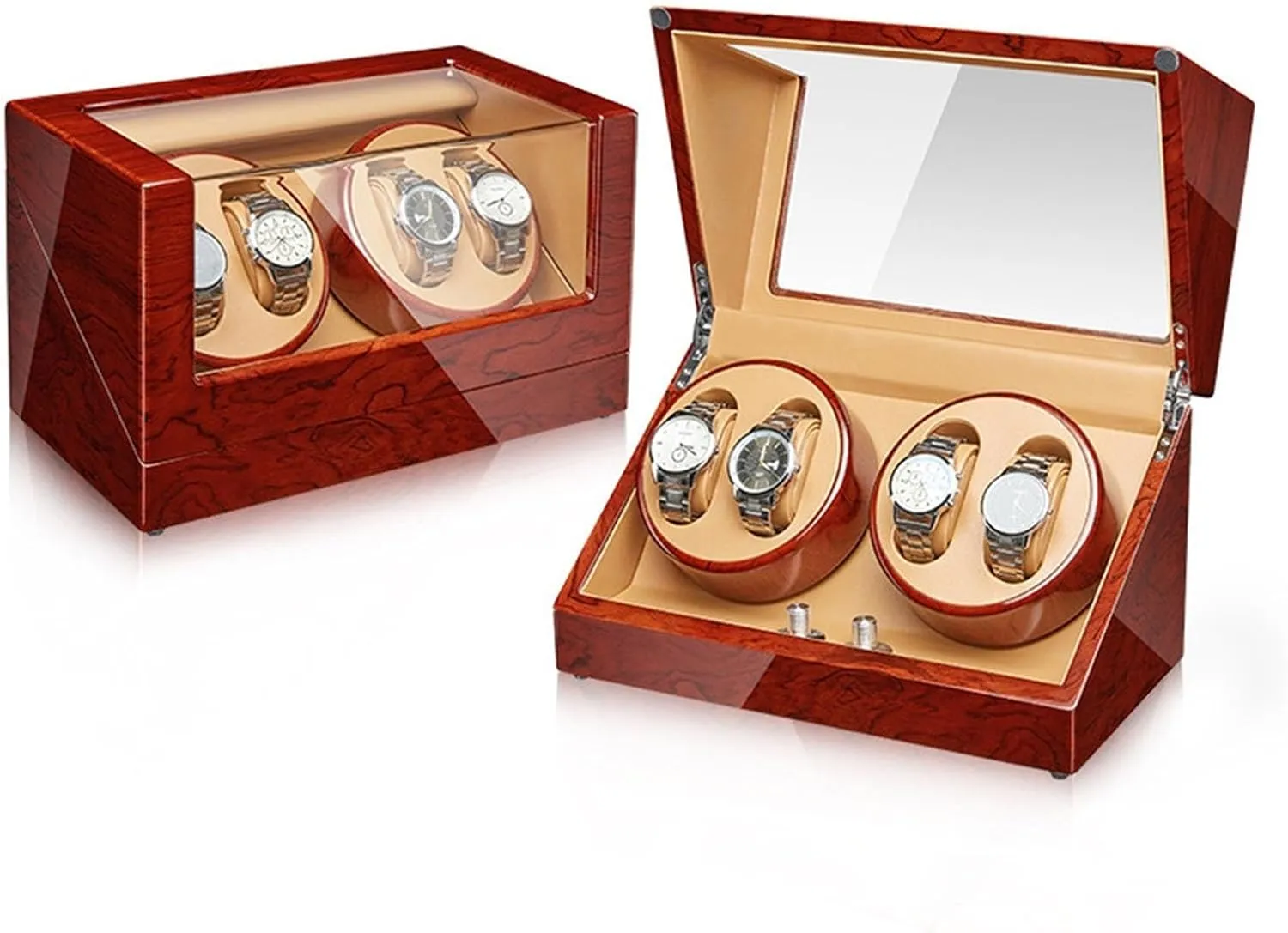 2/4 Watches Wood Shell Piano stardom monastery wan Finish Watches Display Box with Flexible Watch Pillow Quiet Mabuchi Motor Battery Powered and AC Adapter Automatic Watch Winder for 