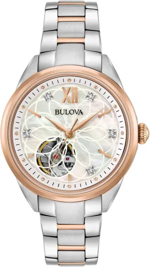 3-Hand Automatic in Stainless Steel, Mother-of-Pearl Dial and Open expect top Aperture Dial Bulova Ladies' Classic Diamond 