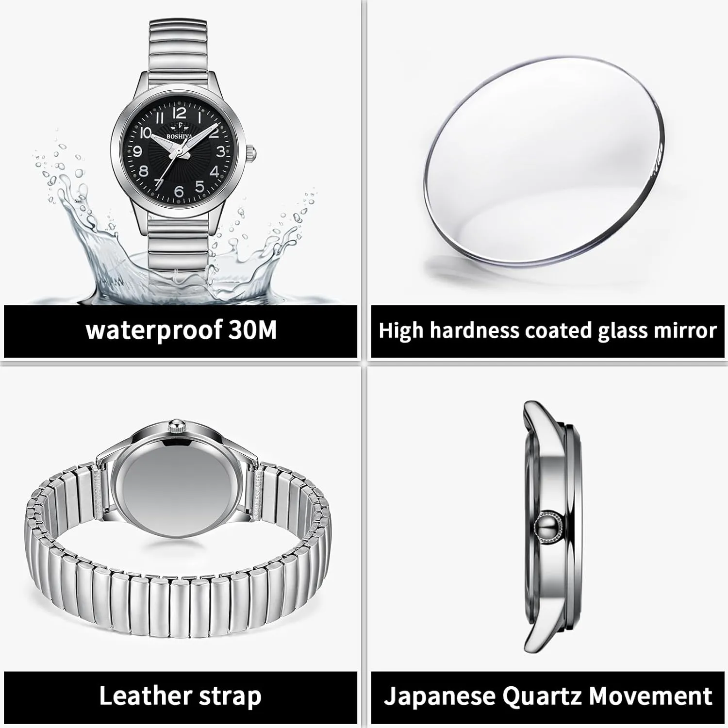 30mm Stainless Steel Expansion Band Sliver Gold Ladies Small Wrist Watch?? BOSHIYA Watches for Women droplet dough qualify Easy Reader 