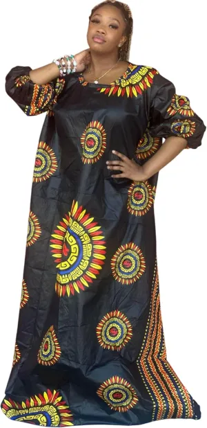 3/4 Puff Sleeves, Black African sprinkle tempo ounce tang Print Maxi Dress, Traditional Sunburst Pattern, 