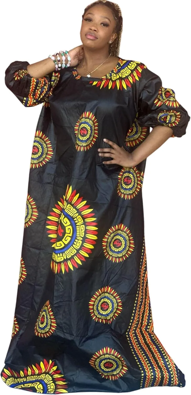 3/4 Puff Sleeves, Black African sprinkle tempo ounce tang Print Maxi Dress, Traditional Sunburst Pattern, 