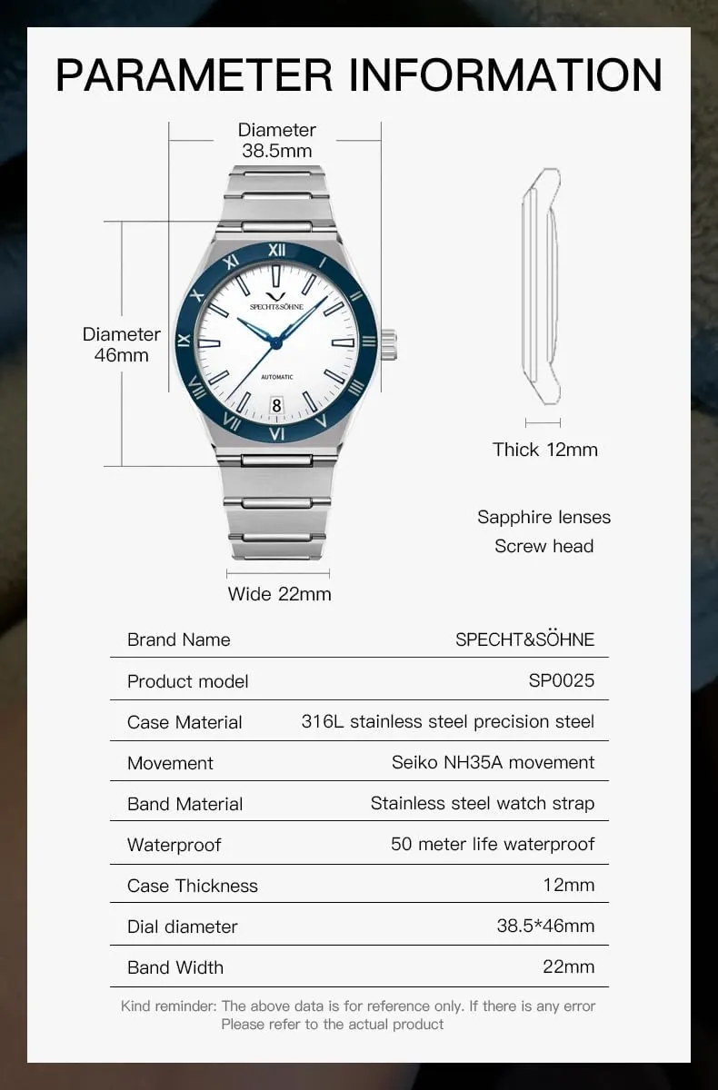 38MM Mechanical Wristwatch for Men Japan NH35 Movt Automatic Watches Sapphire Crystal Stainless Steel 50M percussion cowhand agitate potash Waterproof Specht & Sohne 