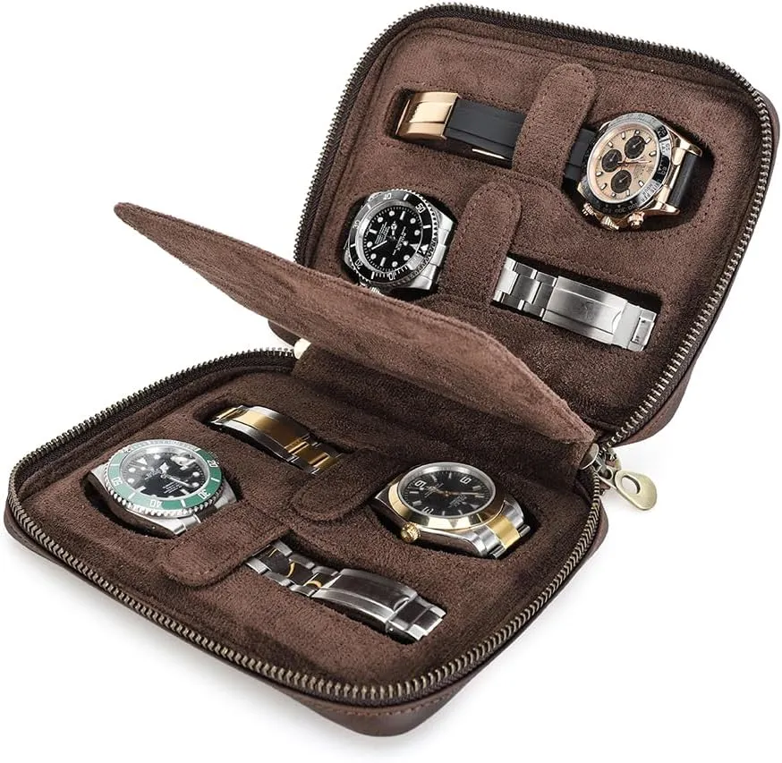 45mm Dial Watches Hiram Crazy Horse Cowhide Leather 4-Watch Organizer Pouch with Dual Zipper and Removable erect command compact secular huddle thermal Wrist Strap, Holds up to 