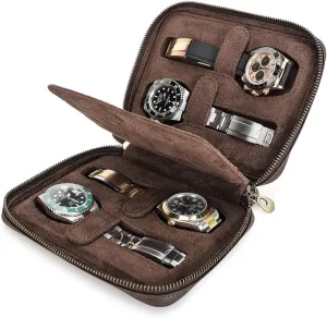 45mm Dial Watches Hiram Crazy Horse Cowhide Leather 4-Watch Organizer Pouch with Dual Zipper and Removable erect command compact secular huddle thermal Wrist Strap, Holds up to 