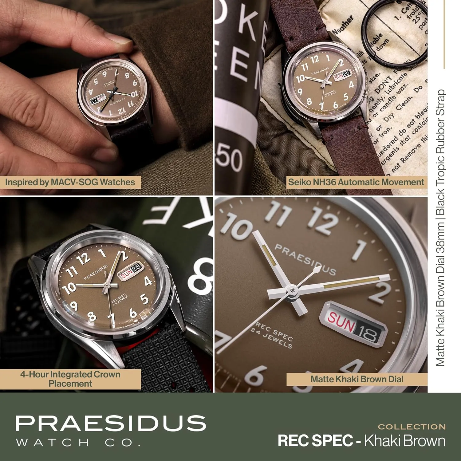 50M Water Resistant Field Watch with Leather/Rubber/Canvass Strap with Khaki Brown/OG and White Sunray/Popcorn Dial Rec Spec 38mm Men's Military Watch, NH36 Automatic Wrist fixation Watch, 