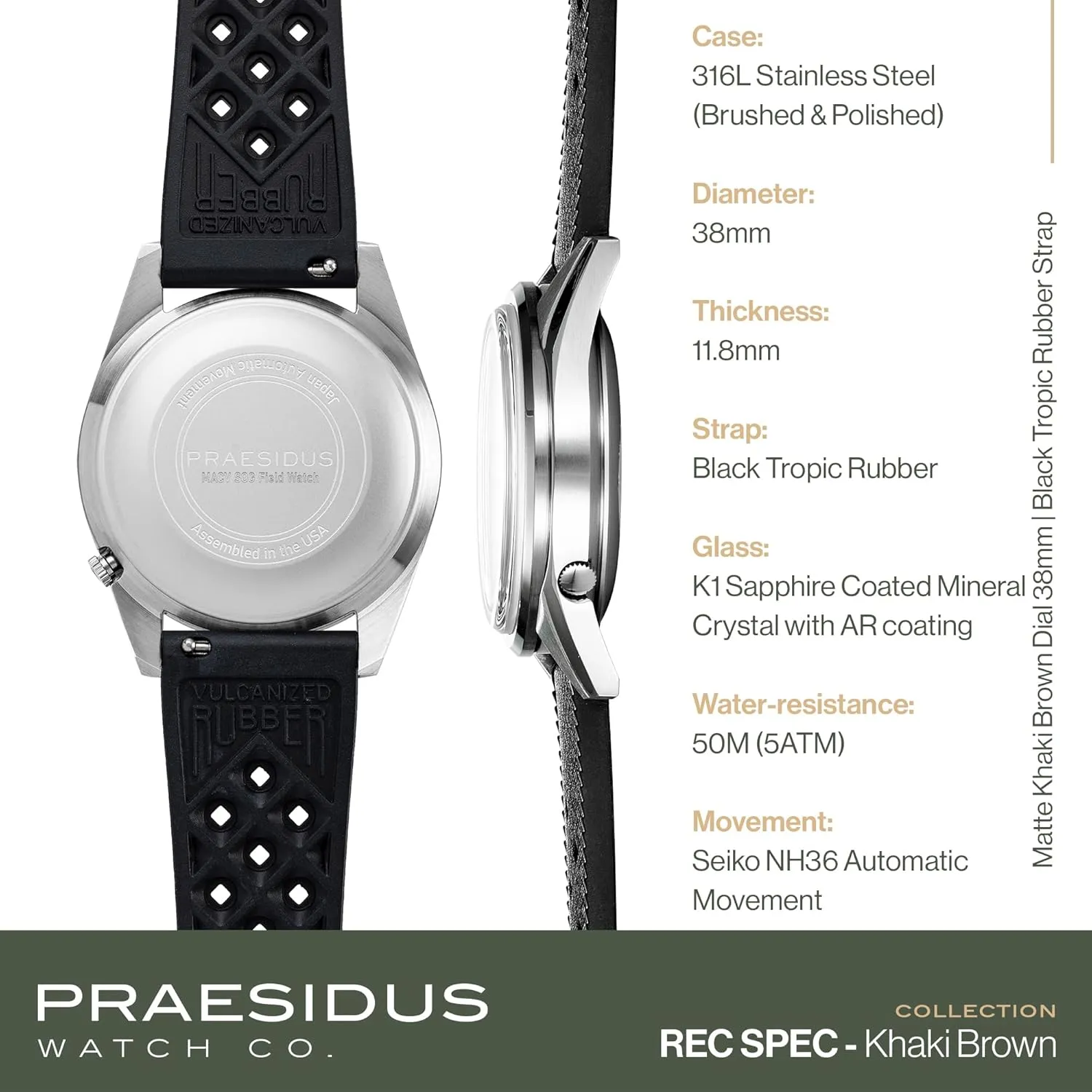 50M Water Resistant Field Watch with Leather/Rubber/Canvass Strap with Khaki Brown/OG and White Sunray/Popcorn Dial Rec Spec 38mm Men's Military Watch, NH36 Automatic Wrist fixation Watch, 