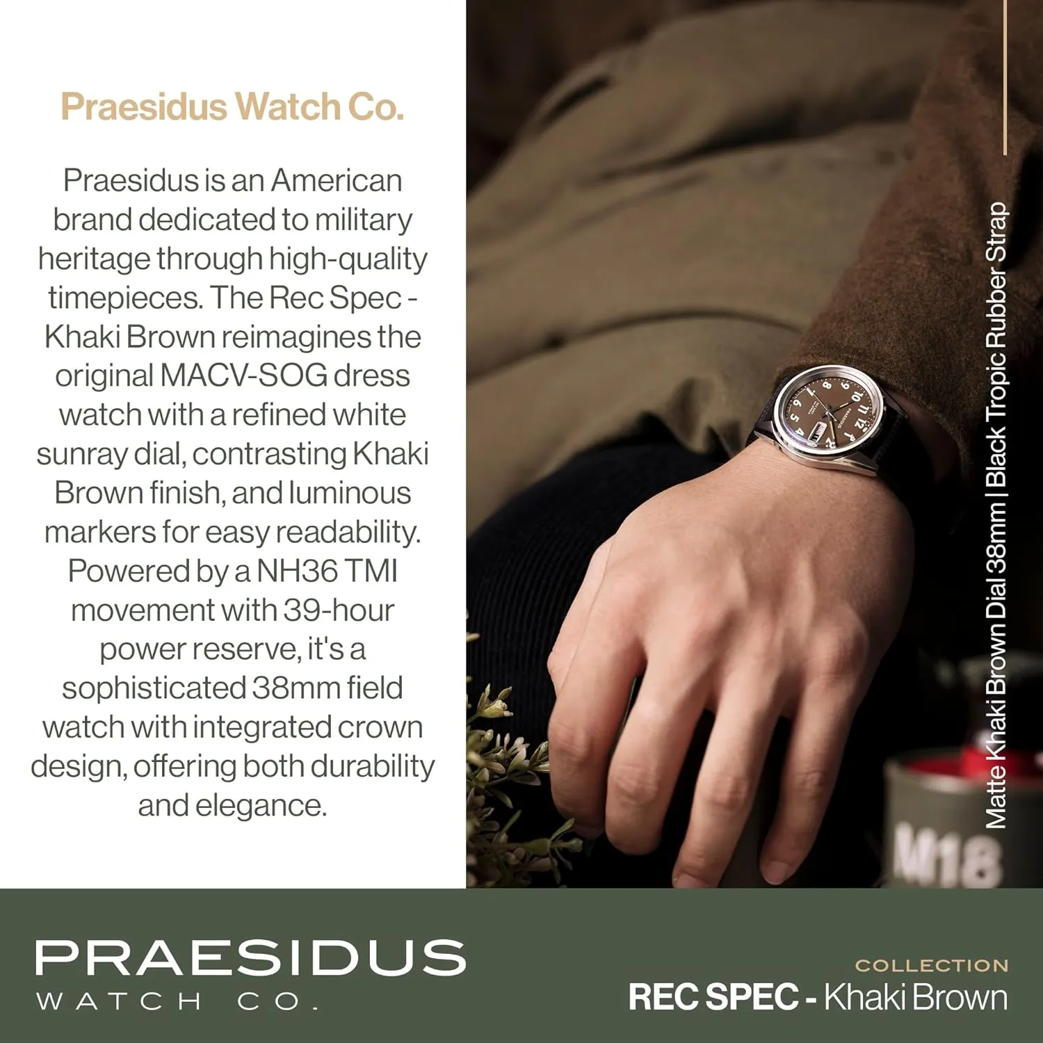 50M Water Resistant Field Watch with Leather/Rubber/Canvass Strap with Khaki Brown/OG and White Sunray/Popcorn Dial Rec Spec 38mm Men's Military Watch, NH36 Automatic Wrist fixation Watch, 