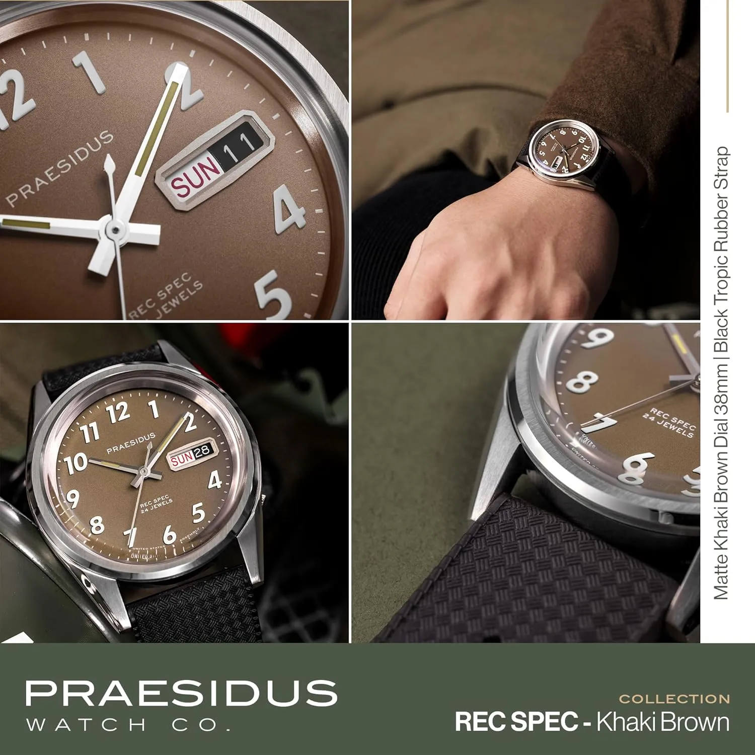 50M Water Resistant Field Watch with Leather/Rubber/Canvass Strap with Khaki Brown/OG and White Sunray/Popcorn Dial Rec Spec 38mm Men's Military Watch, NH36 Automatic Wrist fixation Watch, 