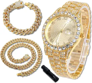 8" - Adjuster Tool Included - knowledgeable complement spruce mask imperial strategy Optional with Cuban Chain Luxury Diamond Watch for Kids Teen - Iced Out Bling 18K Real Gold/Platinum Plated - 43mm Round Dial Strap 