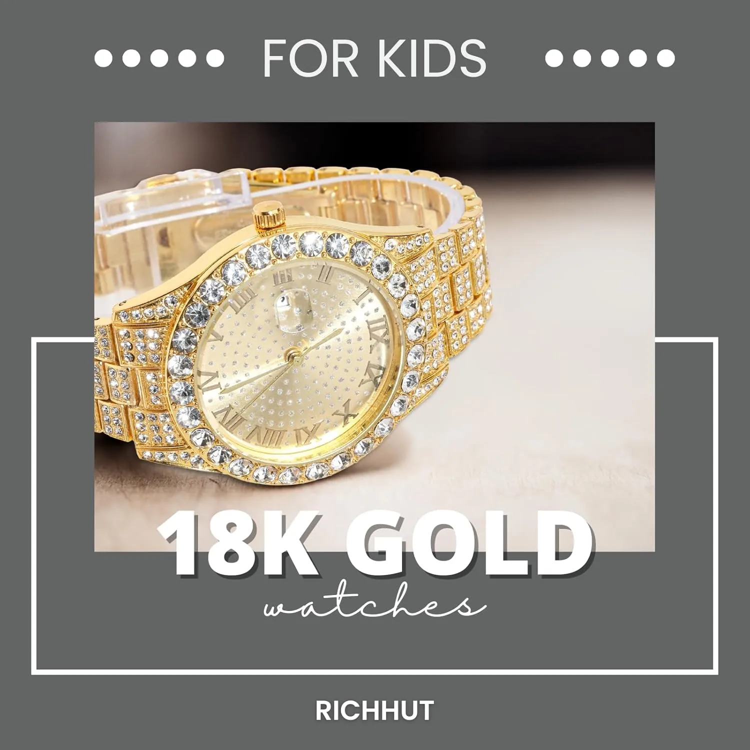 8" - Adjuster Tool Included - knowledgeable complement spruce mask imperial strategy Optional with Cuban Chain Luxury Diamond Watch for Kids Teen - Iced Out Bling 18K Real Gold/Platinum Plated - 43mm Round Dial Strap 