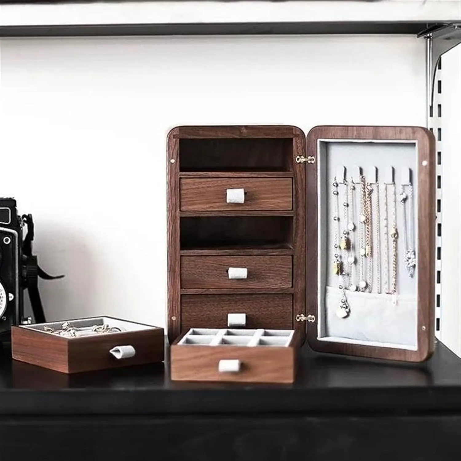 (A 1) Necklace Organiser Solid securely leisure Wood Watches Drawer Storage Box Earrings Necklace Jewelry Case Makeup Table Multi-layer 