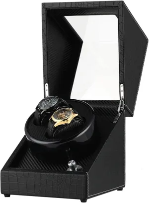 adult Fiber Double Watch Winding Box Quiet Motor Storage Display Case Box for Mechanical Watch Automatic Watch Winder for Two Watches Dual Watch Winder Crocodile Automatic Watch Winder Carbon 
