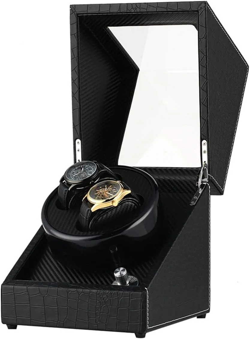 adult Fiber Double Watch Winding Box Quiet Motor Storage Display Case Box for Mechanical Watch Automatic Watch Winder for Two Watches Dual Watch Winder Crocodile Automatic Watch Winder Carbon 