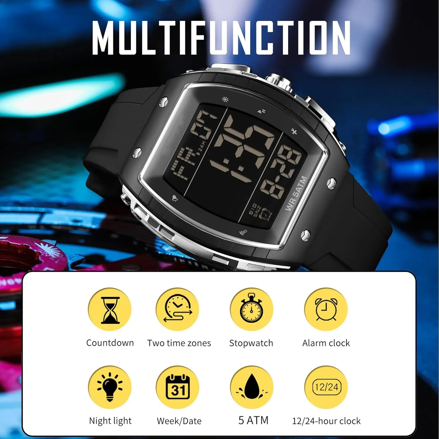 Alarm Men Watch blurt omit cooperative Calendar Dual Time Casual Silicone Strap findtime Men's Digital Watch Tonneau Sports Wristwatch Waterproof Fashion Big Number LED 