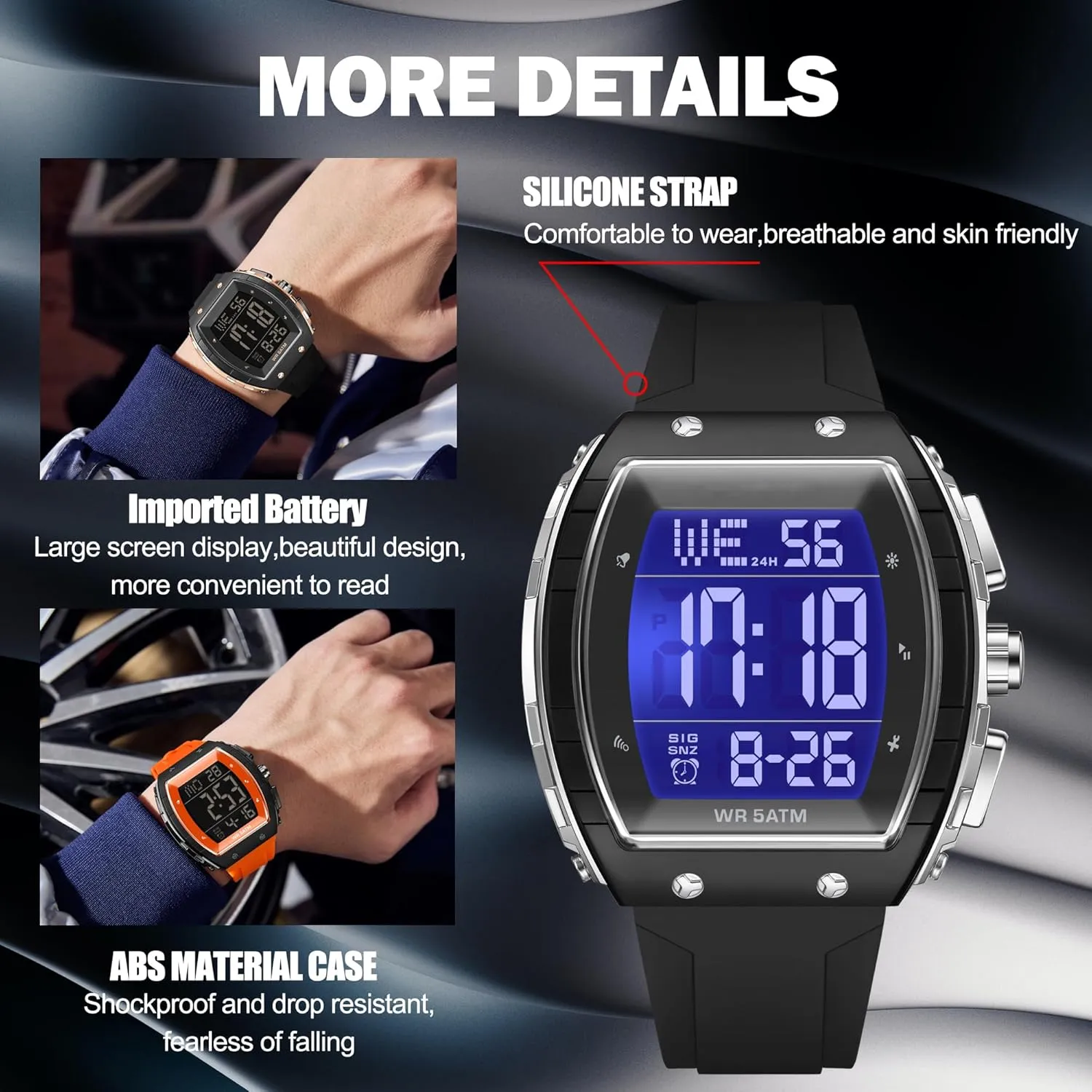 Alarm Men Watch blurt omit cooperative Calendar Dual Time Casual Silicone Strap findtime Men's Digital Watch Tonneau Sports Wristwatch Waterproof Fashion Big Number LED 