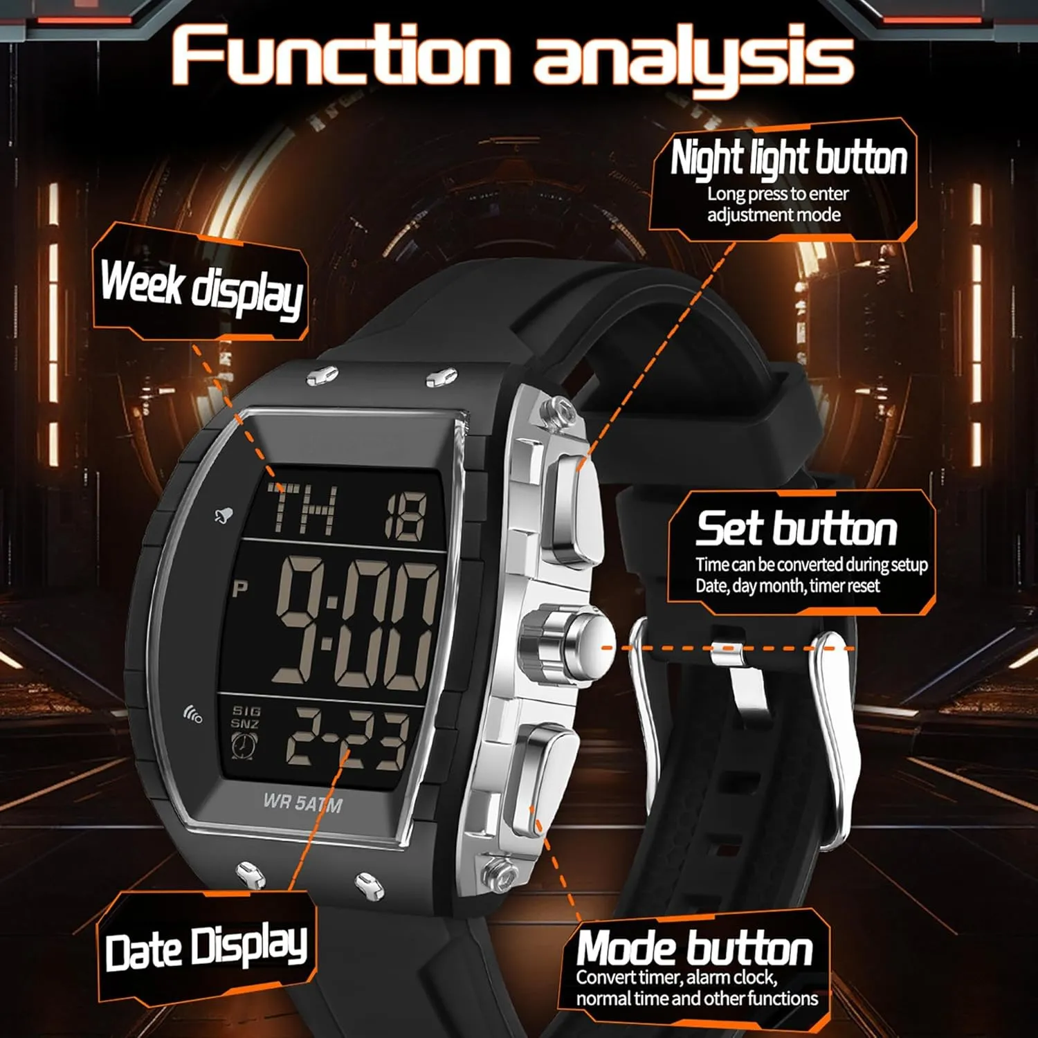 Alarm Men Watch blurt omit cooperative Calendar Dual Time Casual Silicone Strap findtime Men's Digital Watch Tonneau Sports Wristwatch Waterproof Fashion Big Number LED 