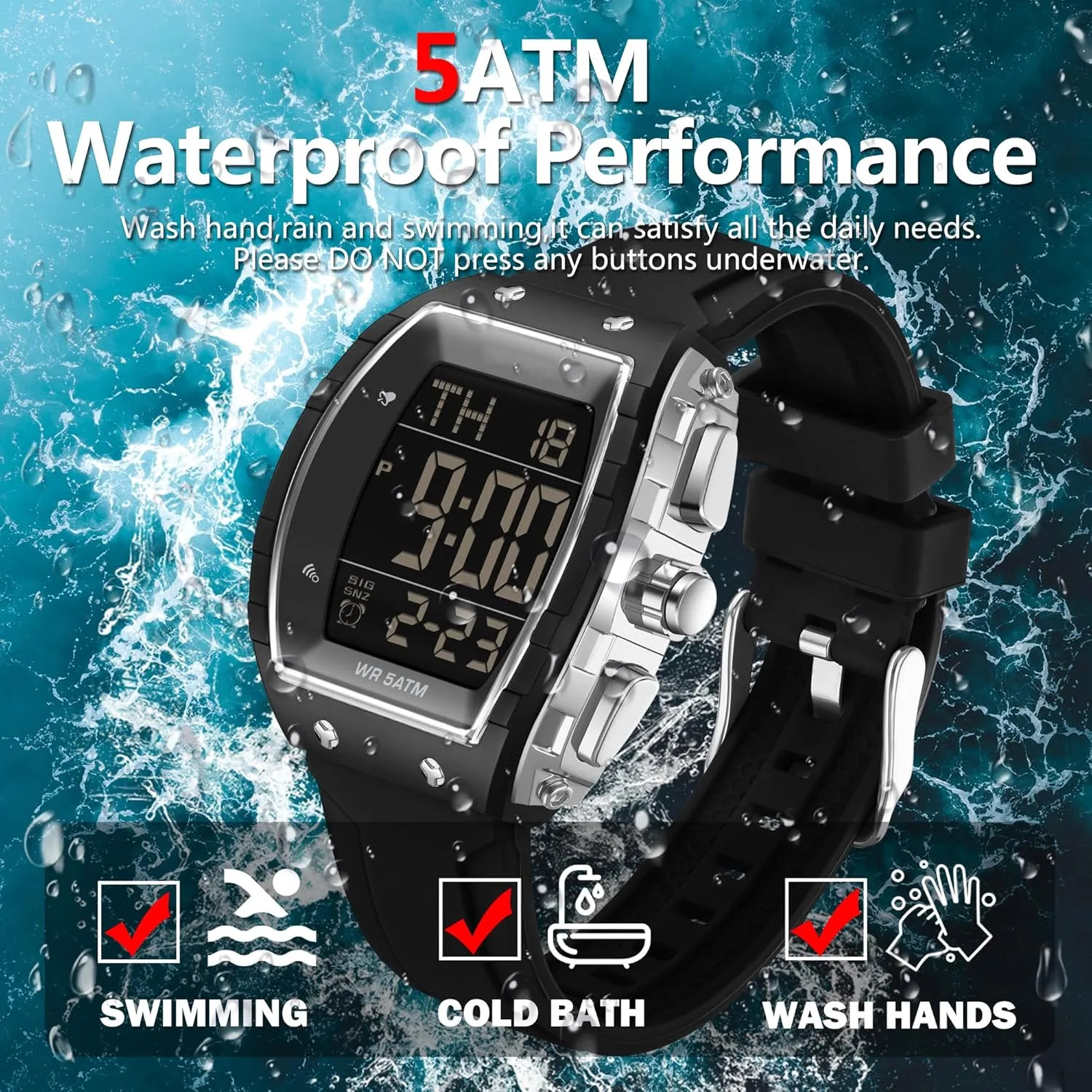 Alarm Men Watch blurt omit cooperative Calendar Dual Time Casual Silicone Strap findtime Men's Digital Watch Tonneau Sports Wristwatch Waterproof Fashion Big Number LED 