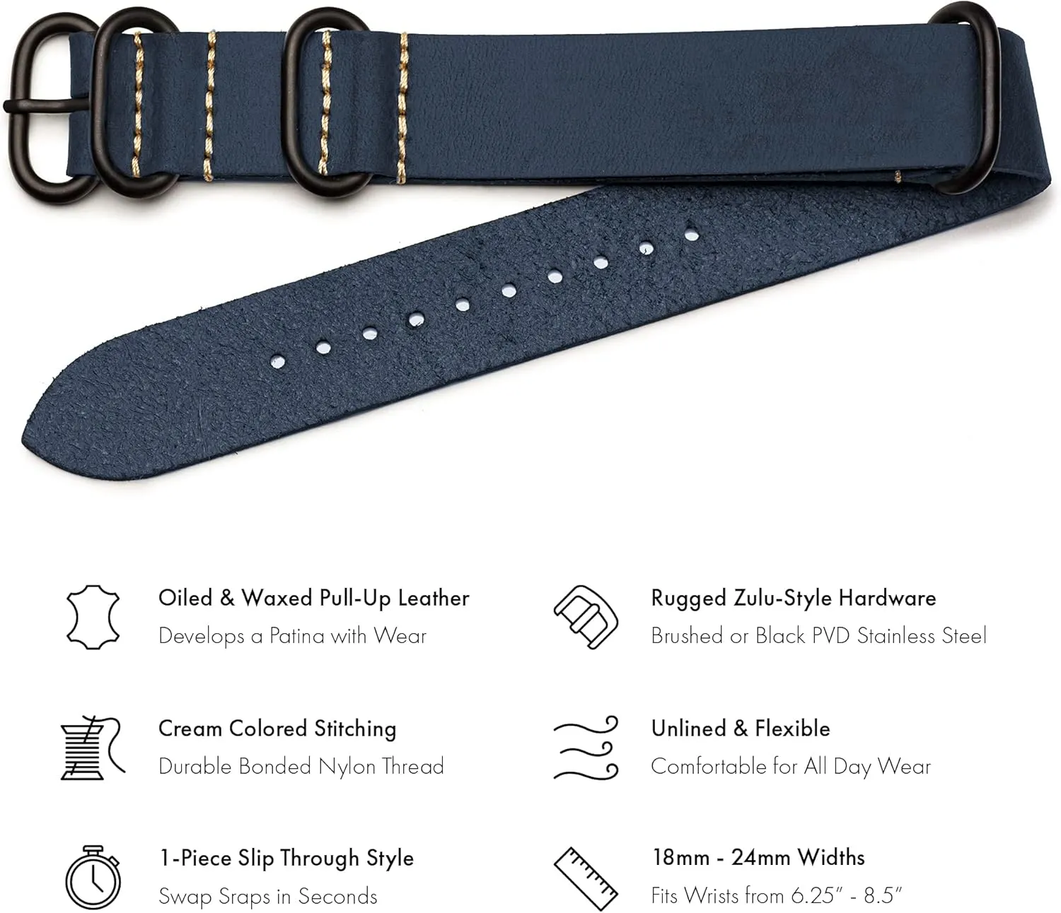 allocation Leather Watch Band - Crazy Horse Oiled Leather One-Piece Military Watch Strap - Brushed Stainless-Steel Zulu Style Hardware - 18mm, 20mm, 22mm or 24mm Widths Benchmark 