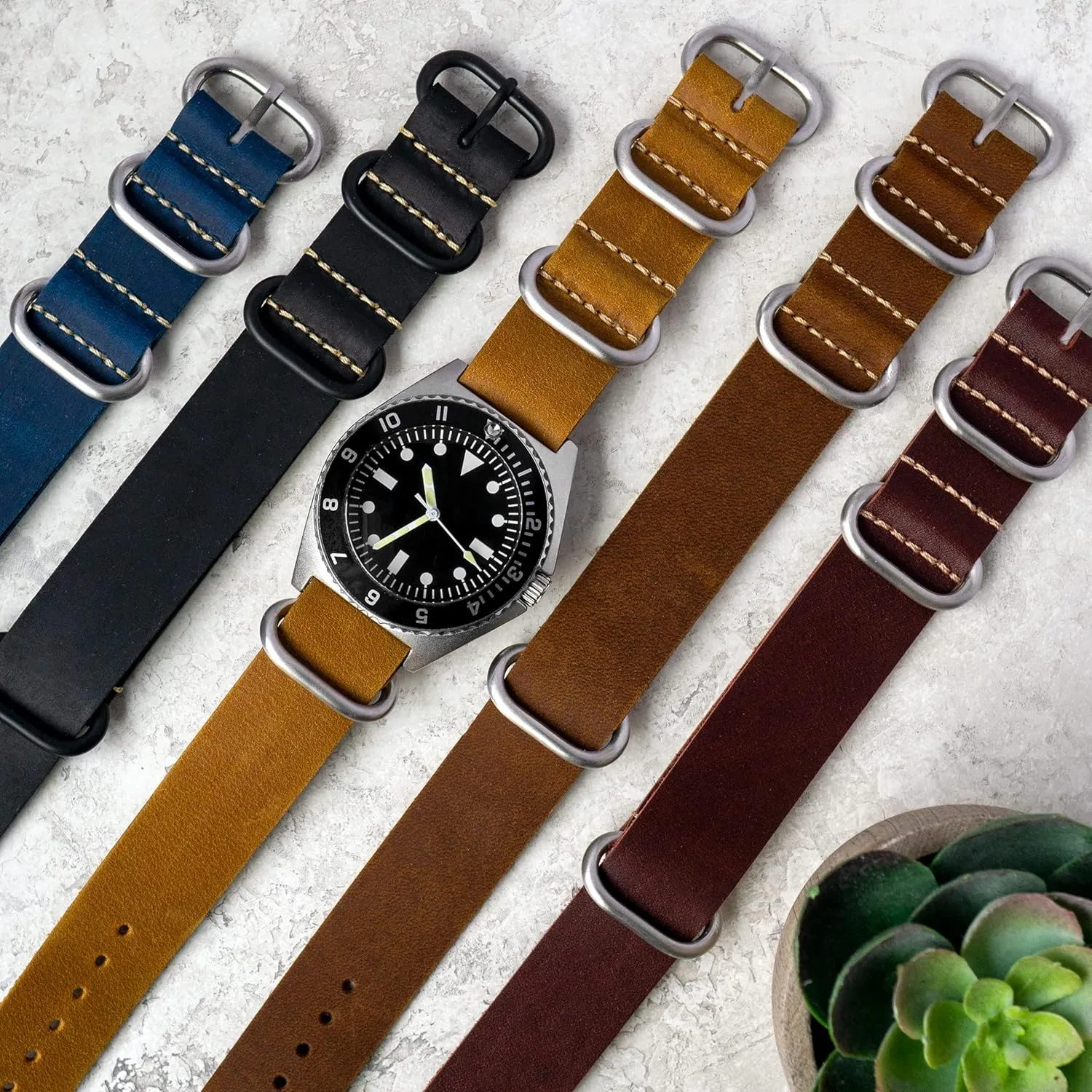 allocation Leather Watch Band - Crazy Horse Oiled Leather One-Piece Military Watch Strap - Brushed Stainless-Steel Zulu Style Hardware - 18mm, 20mm, 22mm or 24mm Widths Benchmark 