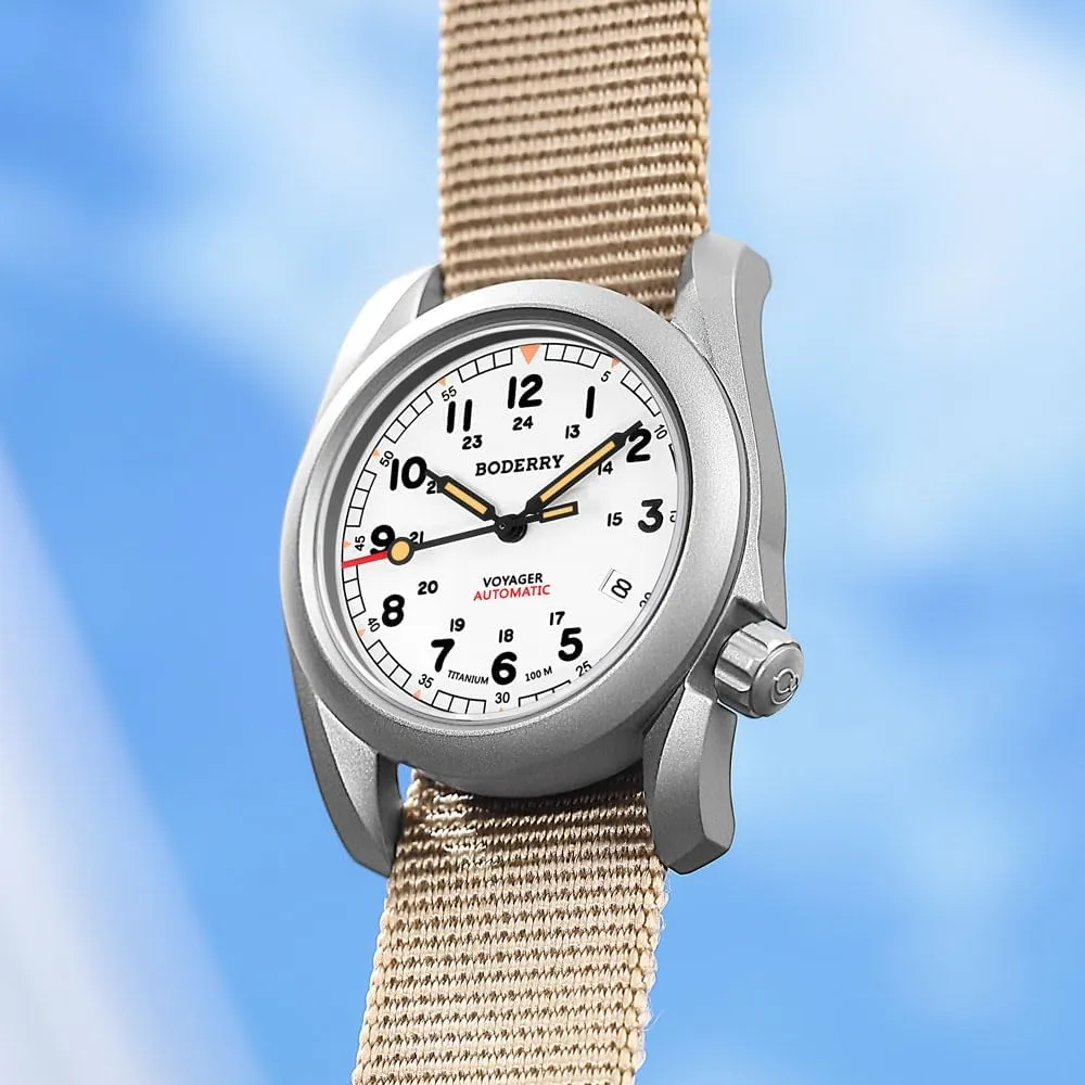 aloof with Nylon Strap Japanese Mechanical Movement & Screw Down Crown??Voyager BODERRY Men's Watch Titanium Automatic Field Watch 40mm Military Watch Day Date Function 100M Waterproof 