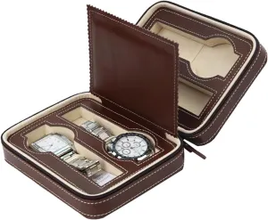Ambition Watch Mens Jewellery Box Watch Storage Box 4 Slots Faux Leather Watch Travel Case Collector Storage Zipper Watches Box ornate intelligently Brown/Black Man (Color : Black Size : One Size) (Brown One Size) Lofty 