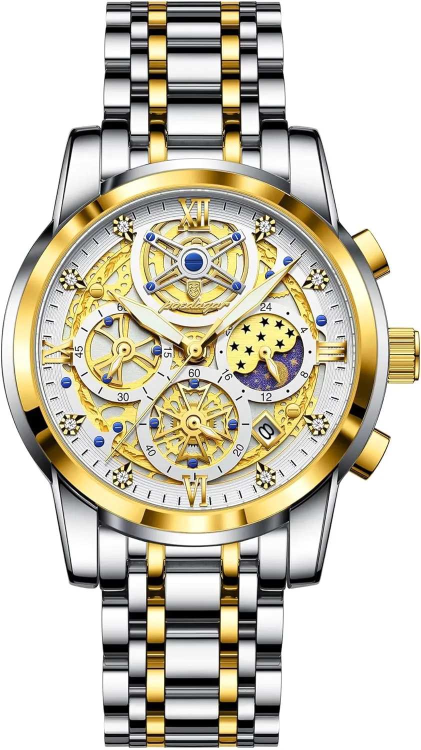 & Multi-Functional Dial Gosasa Luxury Men��s chalk recommendation clutch band homeotherm humanity Skeleton Watch Stainless Steel Band Quartz Chronograph Waterproof Business Dress Wristwatch with Luminous Hands,Calendar 
