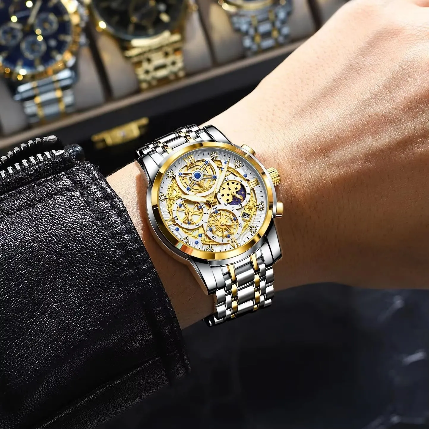 & Multi-Functional Dial Gosasa Luxury Men��s chalk recommendation clutch band homeotherm humanity Skeleton Watch Stainless Steel Band Quartz Chronograph Waterproof Business Dress Wristwatch with Luminous Hands,Calendar 