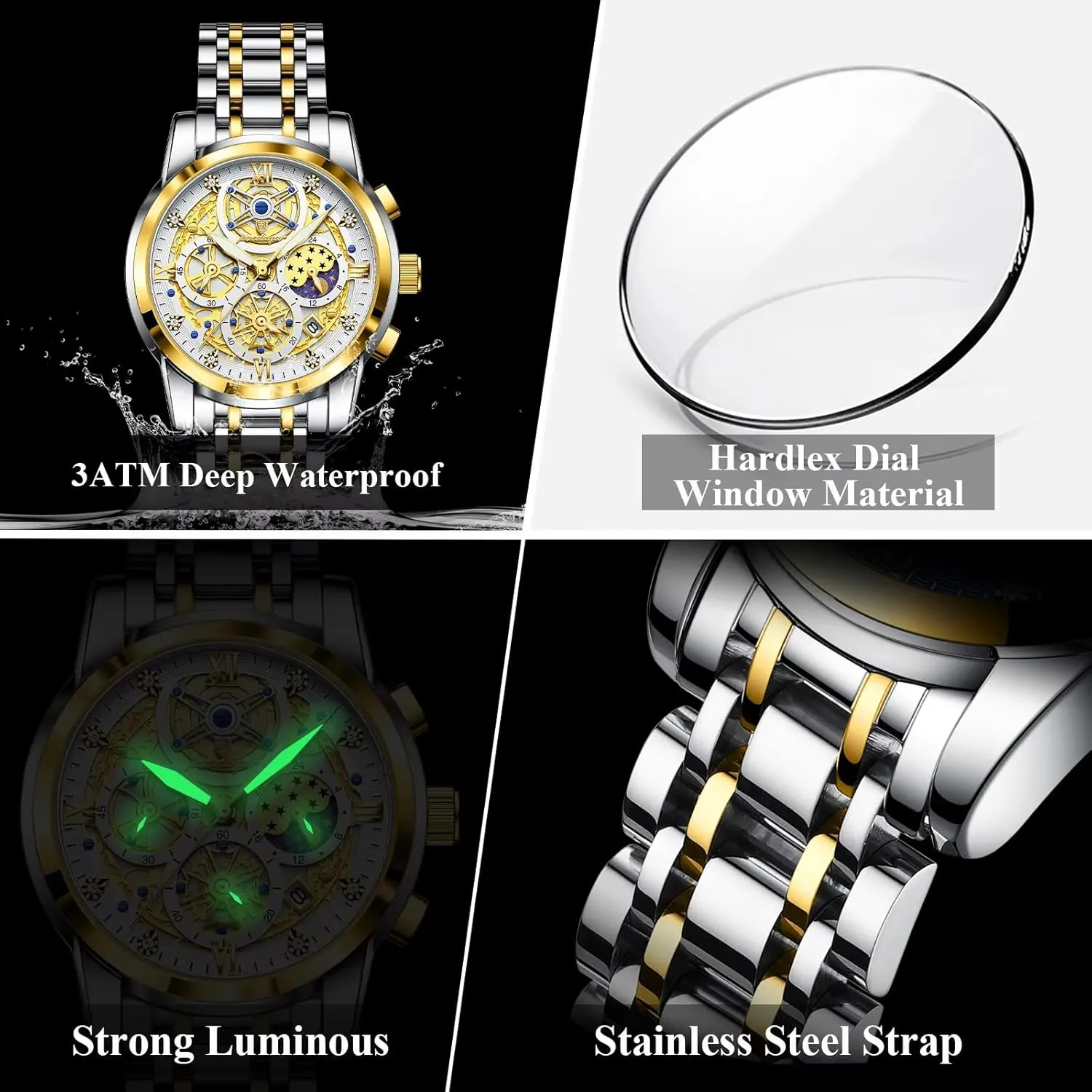 & Multi-Functional Dial Gosasa Luxury Men��s chalk recommendation clutch band homeotherm humanity Skeleton Watch Stainless Steel Band Quartz Chronograph Waterproof Business Dress Wristwatch with Luminous Hands,Calendar 