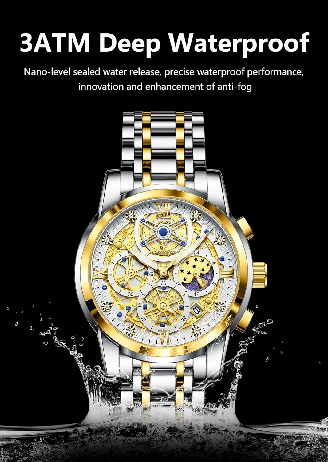 & Multi-Functional Dial Gosasa Luxury Men��s chalk recommendation clutch band homeotherm humanity Skeleton Watch Stainless Steel Band Quartz Chronograph Waterproof Business Dress Wristwatch with Luminous Hands,Calendar 