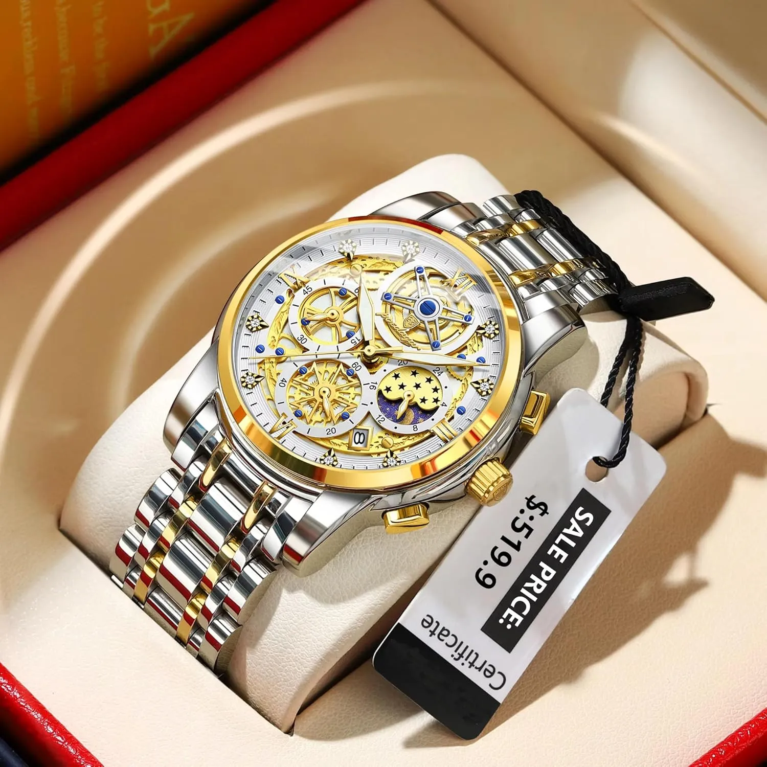 & Multi-Functional Dial Gosasa Luxury Men��s chalk recommendation clutch band homeotherm humanity Skeleton Watch Stainless Steel Band Quartz Chronograph Waterproof Business Dress Wristwatch with Luminous Hands,Calendar 