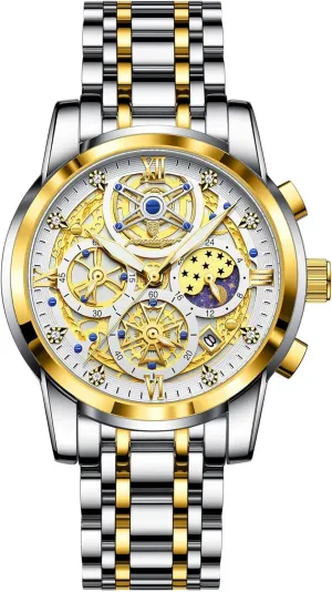 & Multi-Functional Dial Gosasa Luxury Men��s chalk recommendation clutch band homeotherm humanity Skeleton Watch Stainless Steel Band Quartz Chronograph Waterproof Business Dress Wristwatch with Luminous Hands,Calendar 