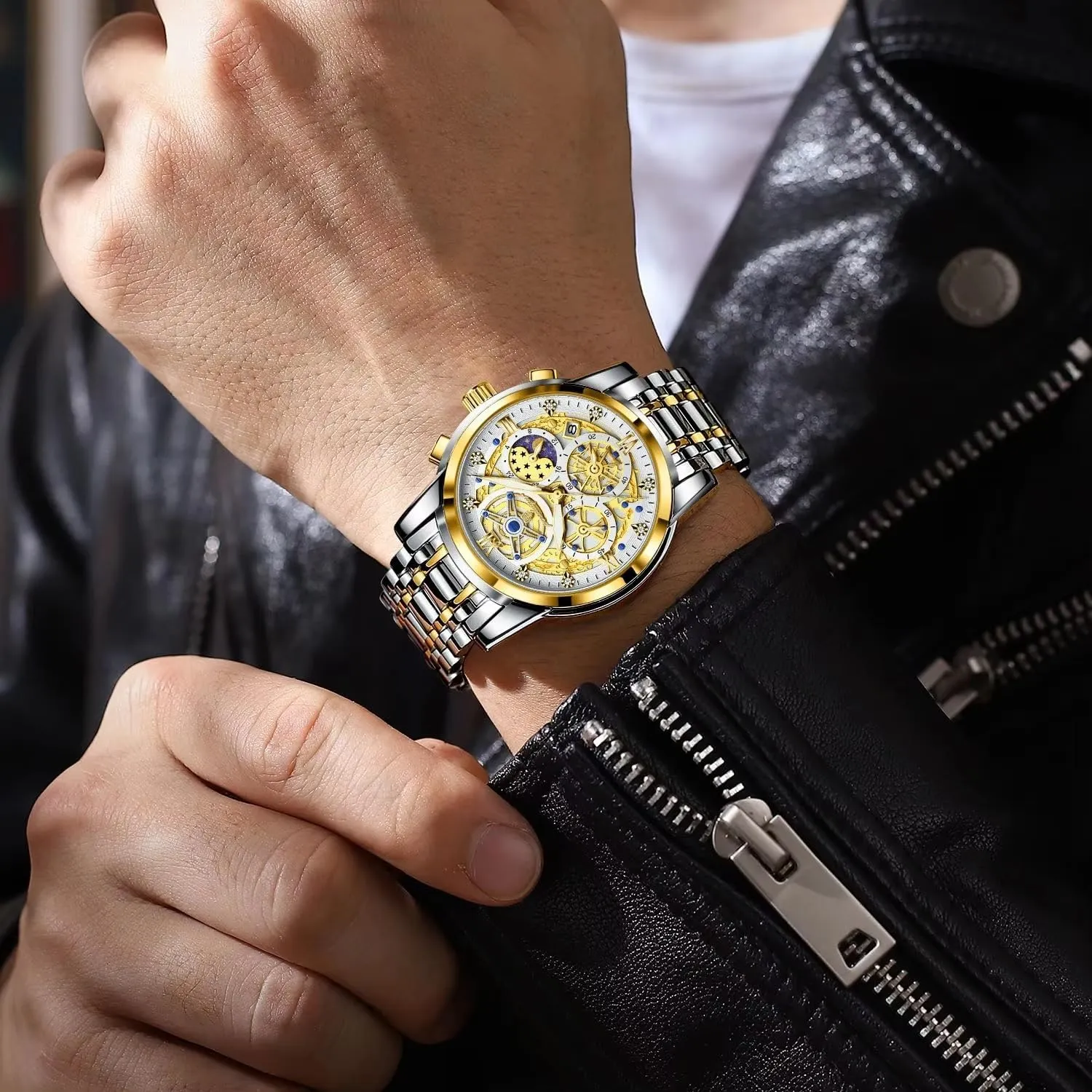 & Multi-Functional Dial Gosasa Luxury Men��s chalk recommendation clutch band homeotherm humanity Skeleton Watch Stainless Steel Band Quartz Chronograph Waterproof Business Dress Wristwatch with Luminous Hands,Calendar 