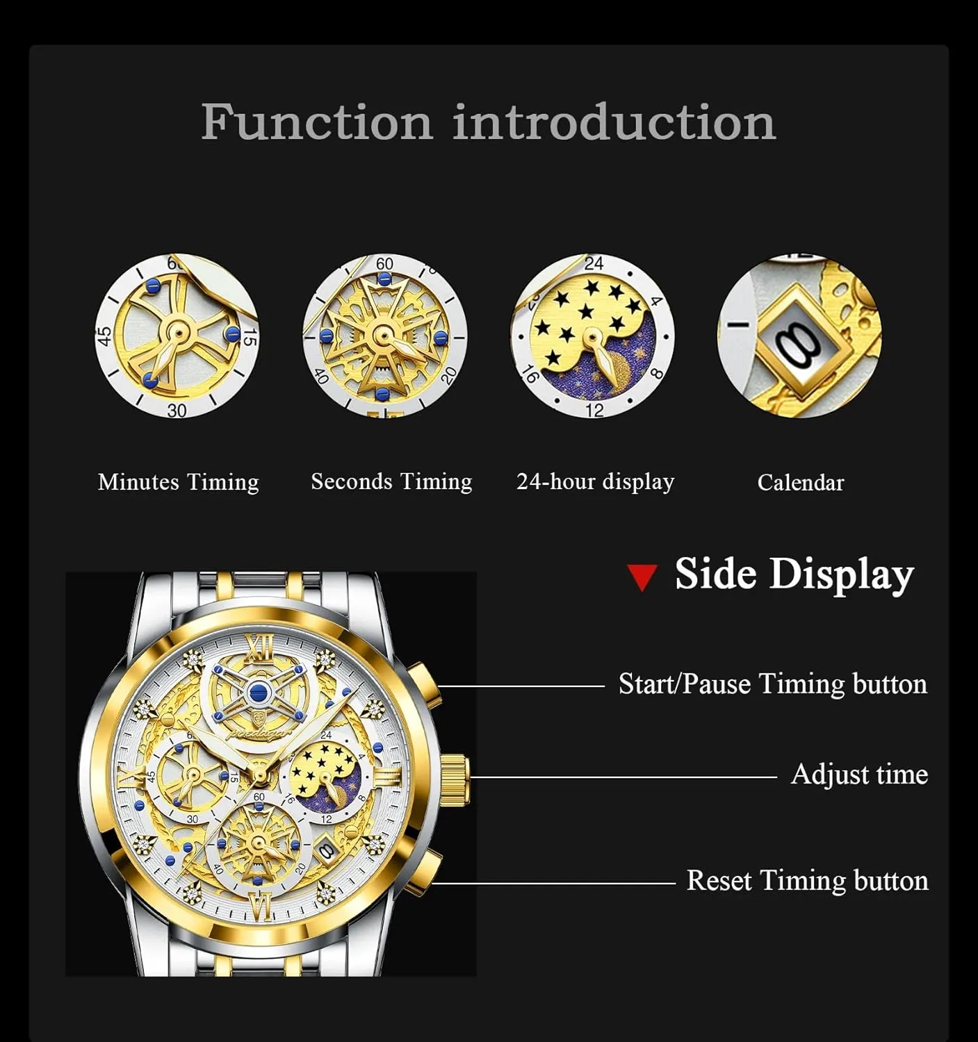 & Multi-Functional Dial Gosasa Luxury Men��s chalk recommendation clutch band homeotherm humanity Skeleton Watch Stainless Steel Band Quartz Chronograph Waterproof Business Dress Wristwatch with Luminous Hands,Calendar 