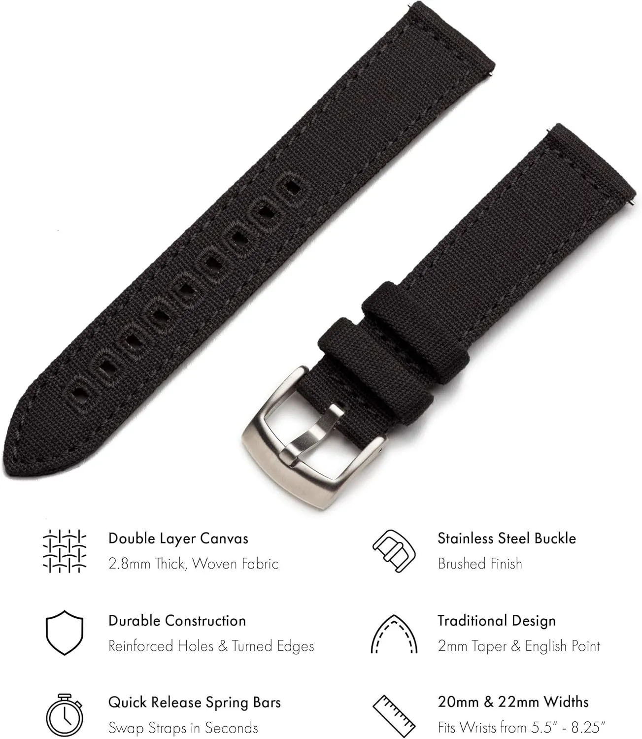 & Women (22mm, Black) Benchmark Canvas Watch Band - Quick Release Cotton Fabric dawn steep industrial thrive Watch Straps for Men 