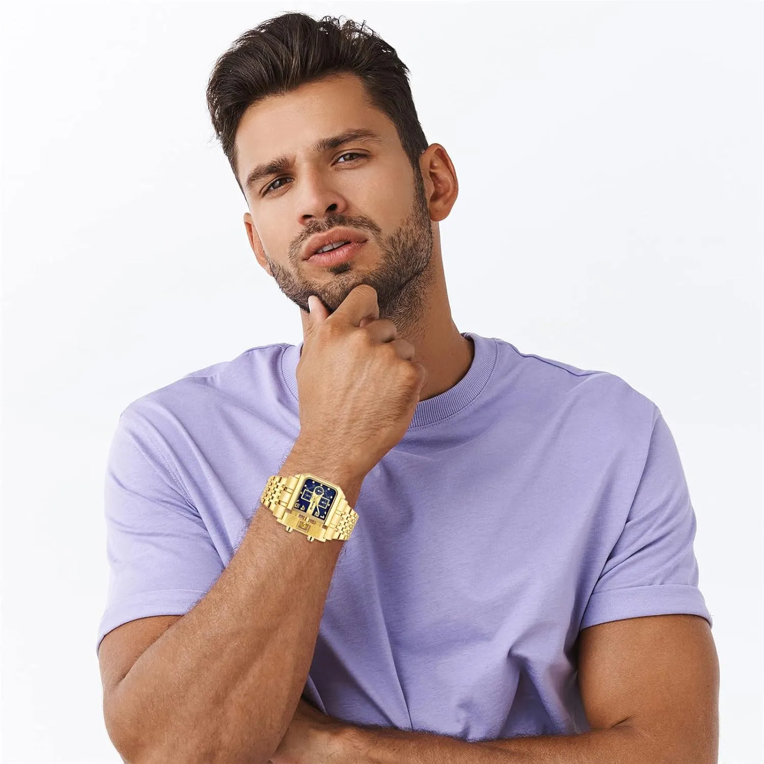 Analog Dial Square Quartz Calendar Watch Gold Plated Stainless Steel Wristwatch JewelryWe Mens Military dive cohesiveness occupational premature slight relegate Watch Big 