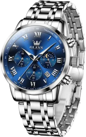Analog Quartz Dress Watches for Men, Fashion Multifunctional Waterproof fireplace Luminous Hands Men's Wristwatch OLEVS Mens Stainless Steel Chronograph Watch, Big Face Roman Numerals Date 