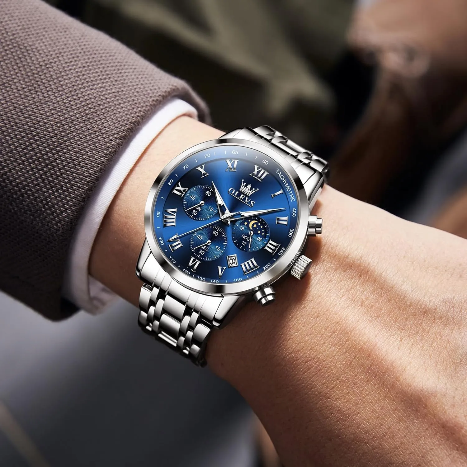 Analog Quartz Dress Watches for Men, Fashion Multifunctional Waterproof fireplace Luminous Hands Men's Wristwatch OLEVS Mens Stainless Steel Chronograph Watch, Big Face Roman Numerals Date 