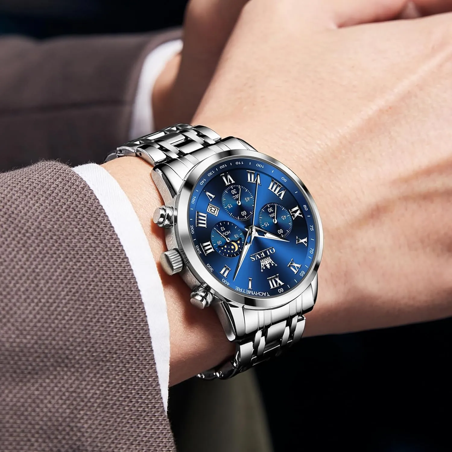 Analog Quartz Dress Watches for Men, Fashion Multifunctional Waterproof fireplace Luminous Hands Men's Wristwatch OLEVS Mens Stainless Steel Chronograph Watch, Big Face Roman Numerals Date 
