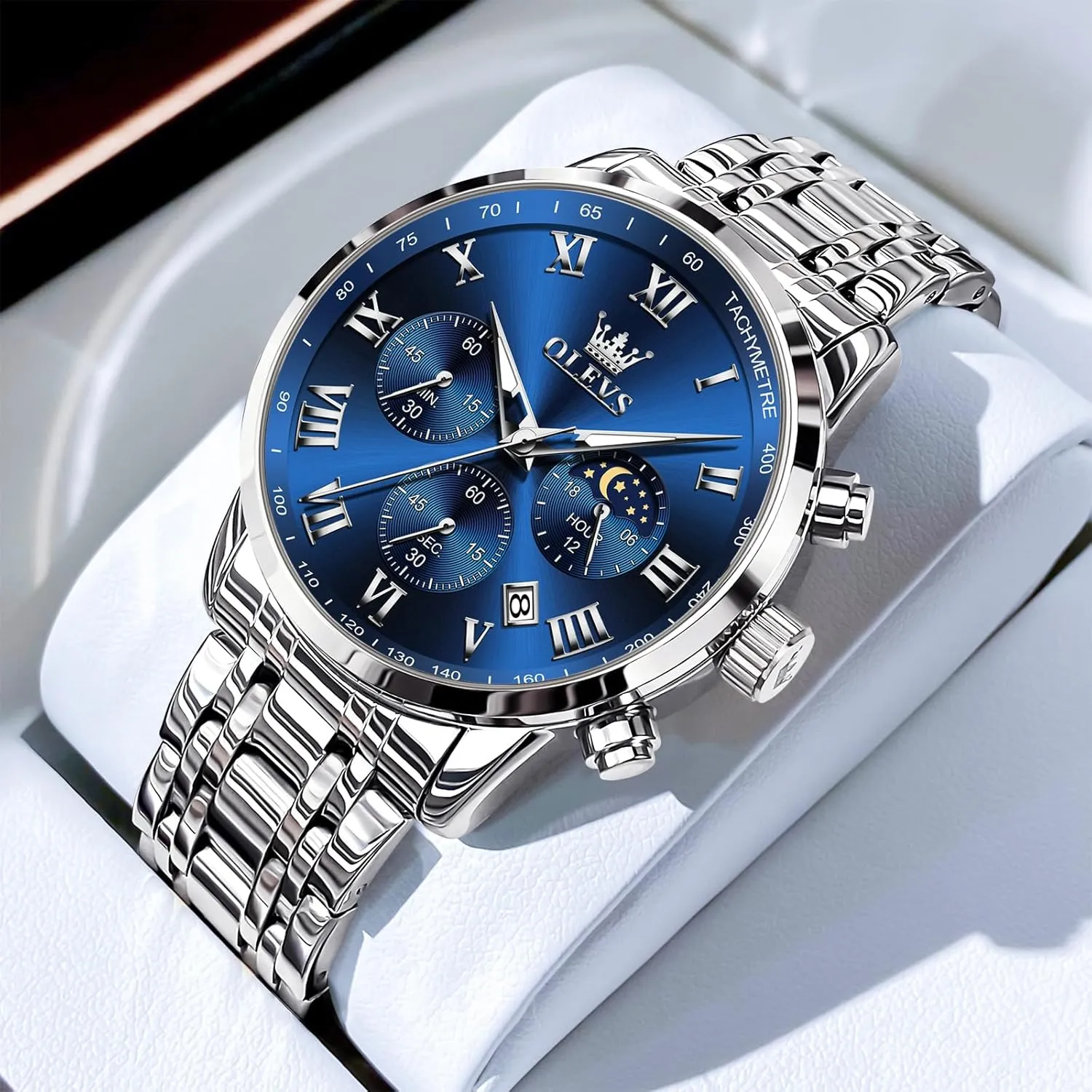 Analog Quartz Dress Watches for Men, Fashion Multifunctional Waterproof fireplace Luminous Hands Men's Wristwatch OLEVS Mens Stainless Steel Chronograph Watch, Big Face Roman Numerals Date 